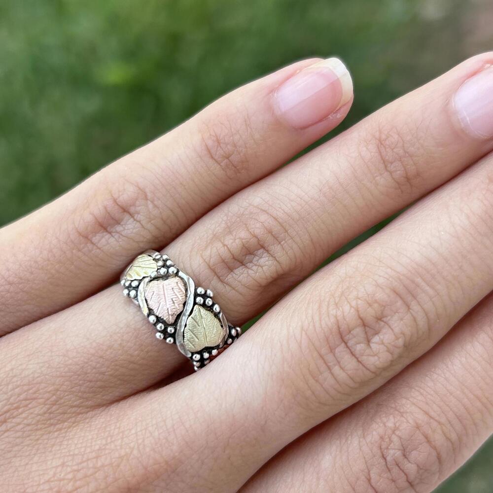 12K Rose and Green Gold Leaf Ring in 925 Sterling Silver Size 6.75